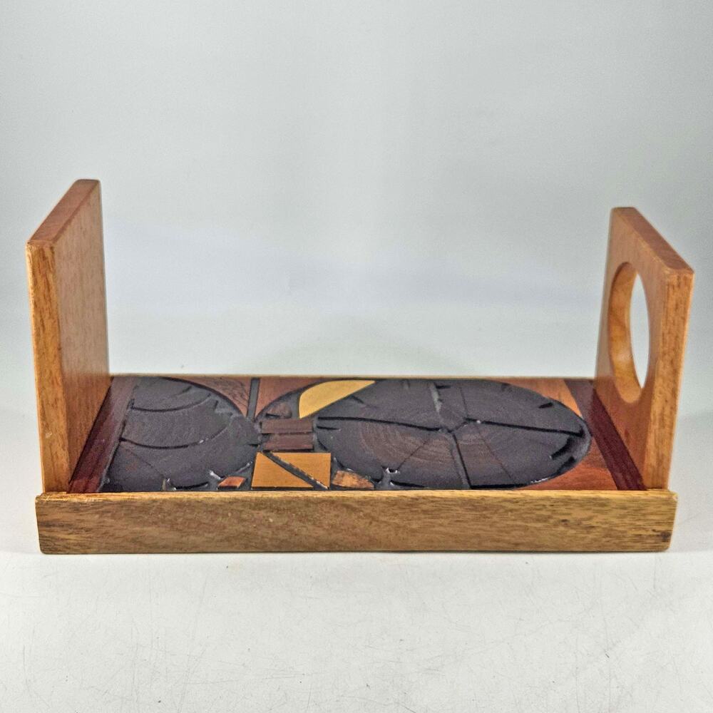 Vintage geometric marquetry inlay wood Book Rack Folding Bookend